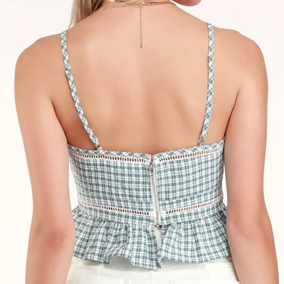 NEW Lulus Sage Green Gingham Plaid Ruffle Crop Top - Picture 3 of 9